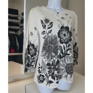 Alfred Dunner Popover Top M Ivory Black Floral Beaded Glitter Keyhole 3/4 Sleeve